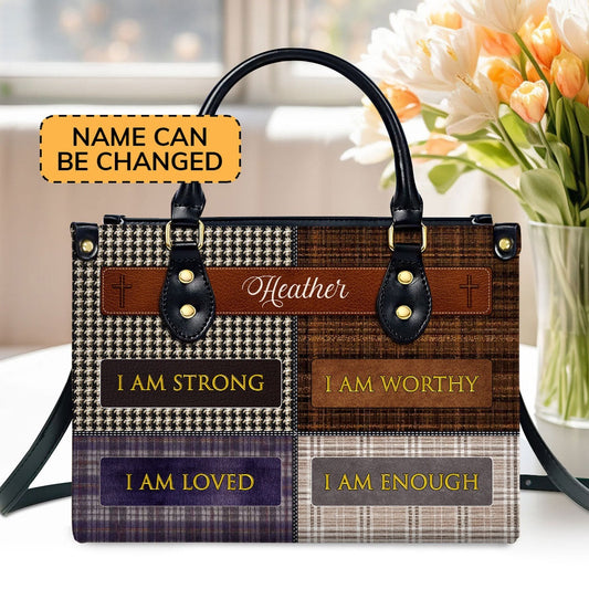 Personalized Christian Leather Bag, I Am Worthy Leather Handbag, Faith Handbag