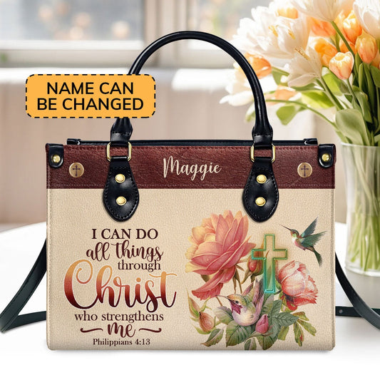 Personalized Christian Leather Bag, I Can Do All Things Through Christ Philippians 413 Humming Bird And Cross Leather Handbag, Faith Handbag