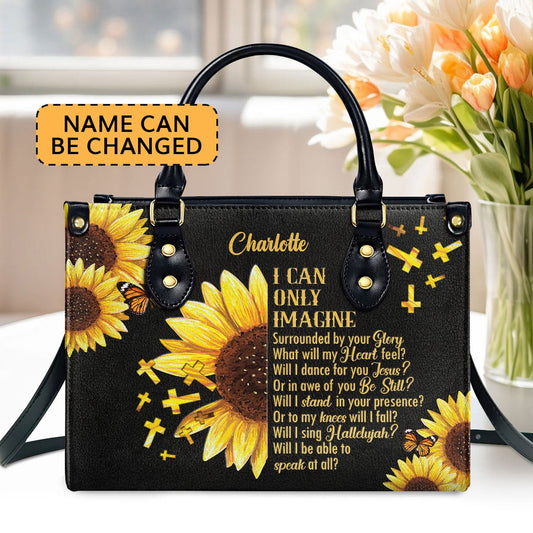 Personalized Christian Leather Bag, I Can Only Imagine Sunflower And Cross Leather Handbag, Faith Handbag