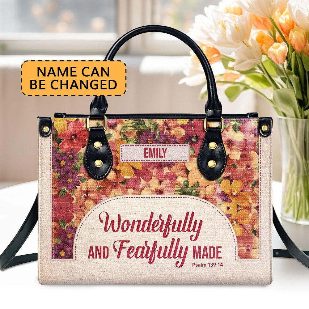 Personalized Christian Leather Bag, Inspirational Gift Christian Ladies Wonderfully And Fearfully Made Psalm 13914 Leather Handbag, Faith Handbag