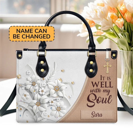 Personalized Christian Leather Bag, It Is Well With My Soul Leather Handbag, Faith Handbag
