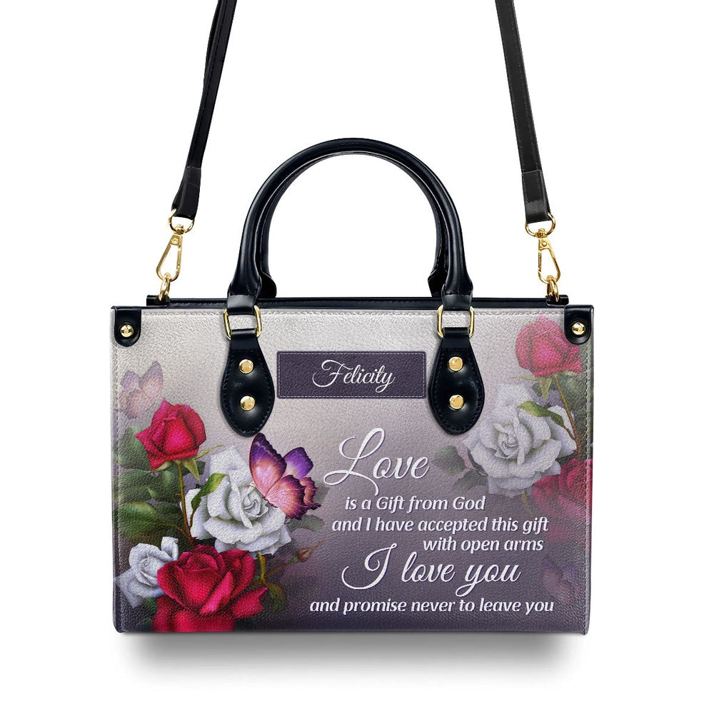 Personalized Christian Leather Bag, Love Is A Gift From God Religious Romantic Leather Handbag, Gifts For Christian Women, Faith Handbag