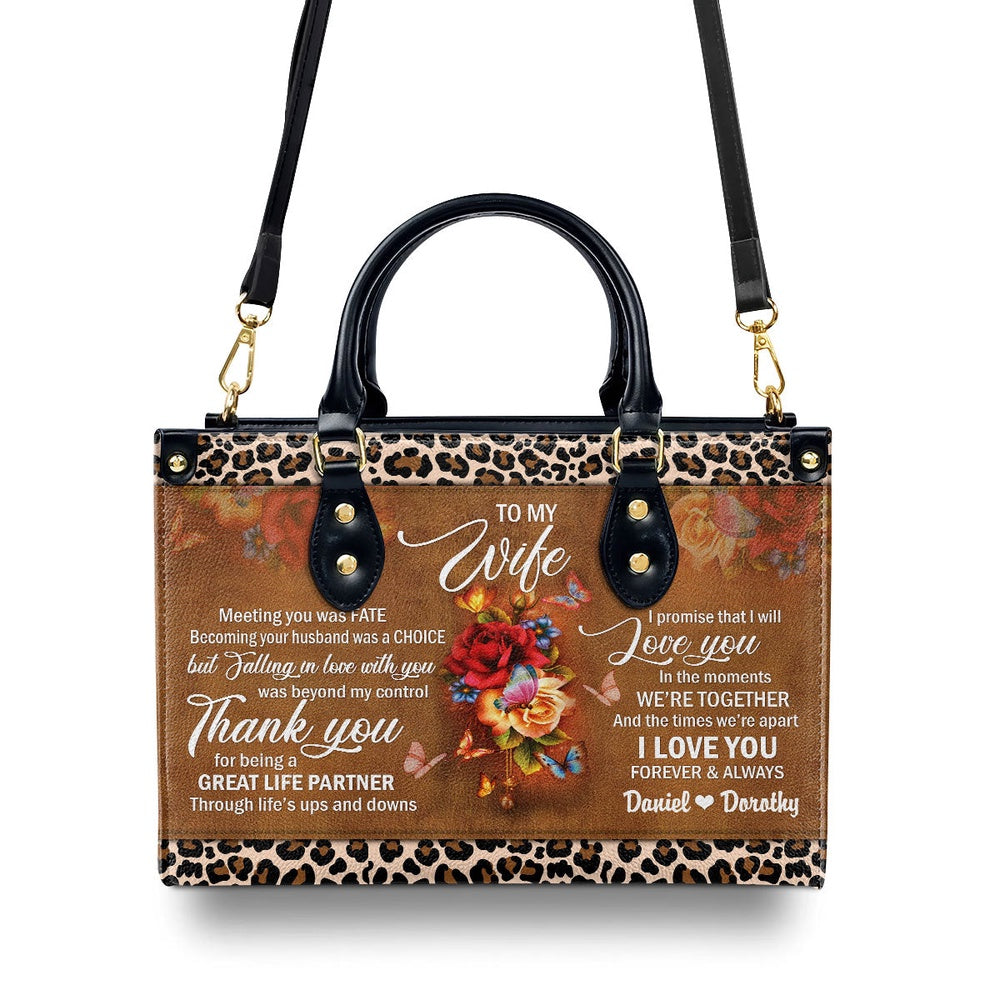 Personalized Christian Leather Bag, Meeting You Was Fate - Sweet Flower Leather Handbag For Wife, Faith Handbag