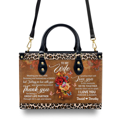 Personalized Christian Leather Bag, Meeting You Was Fate - Sweet Flower Leather Handbag For Wife, Faith Handbag