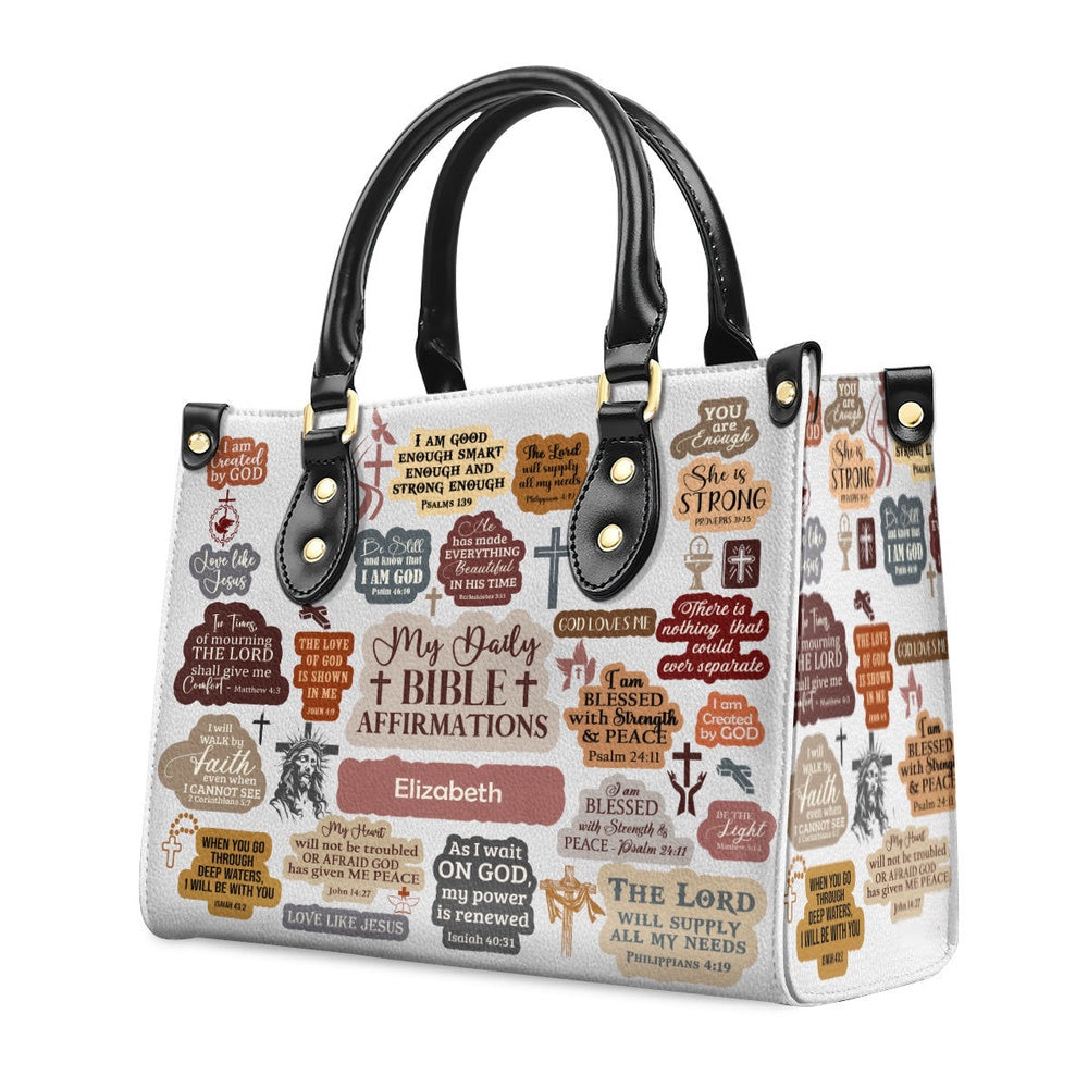Personalized Christian Leather Bag, My Daily Bible Affirmation Leather Handbag, Faith Handbag