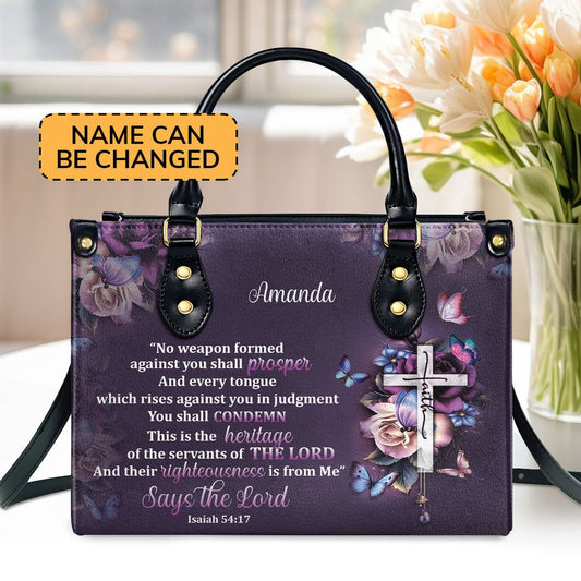 Personalized Christian Leather Bag, No Weapon Formed Against You Shall Prosper - Lovely Personalized Leather Handbag, Faith Handbag