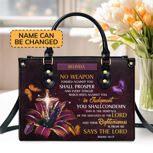 Personalized Christian Leather Bag, No Weapon Formed Against You Shall Prosper Leather Handbag, Faith Handbag
