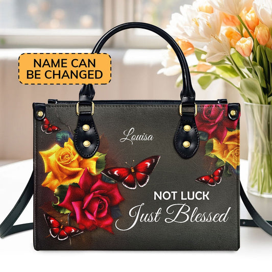 Personalized Christian Leather Bag, Not Luck, Just Blessed - Lovely Personalized Rose Leather Handb, Faith Handbag