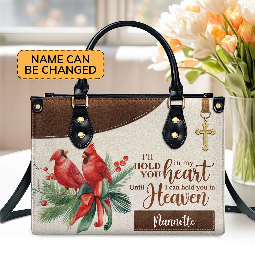 Personalized Christian Leather Bag, Personalized Cardinal Bird Leather Handbag - Iâ€˜ll Hold You In My Heart, Faith Handbag