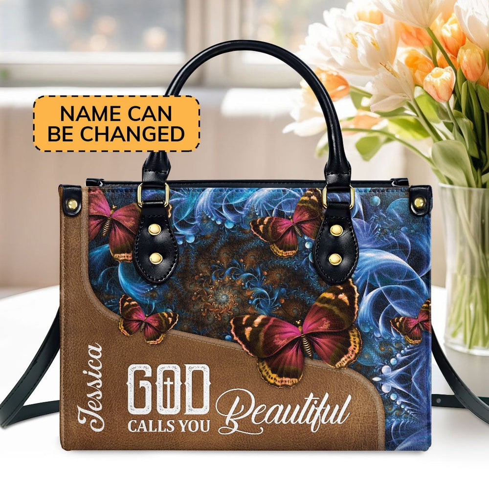 Personalized Christian Leather Bag, Pretty Personalized Butterfly Leather Handbag - God Calls You Beautiful, Faith Handbag