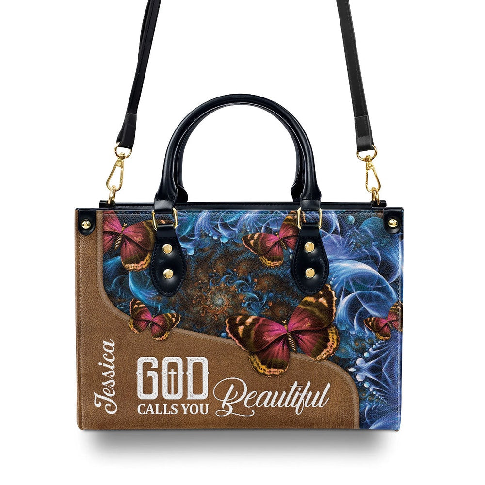 Personalized Christian Leather Bag, Pretty Personalized Butterfly Leather Handbag - God Calls You Beautiful, Faith Handbag