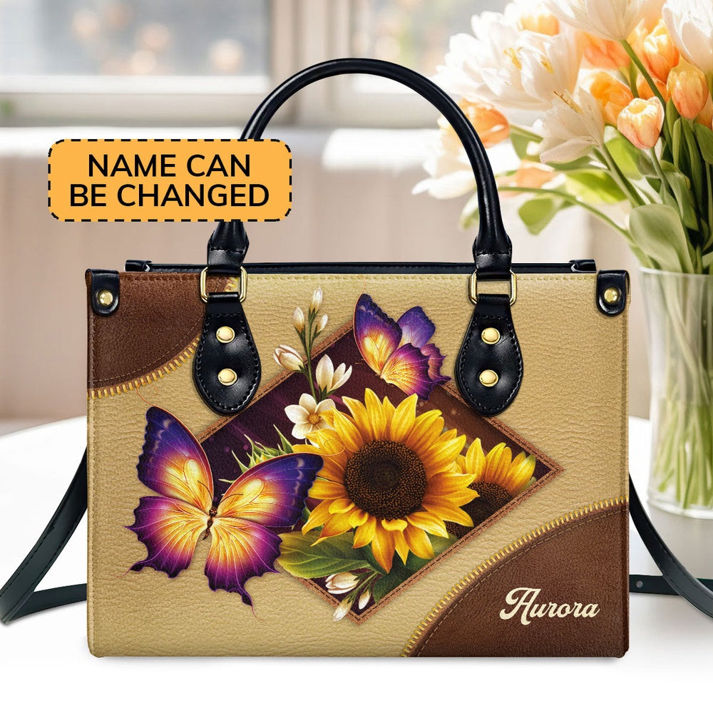 Personalized Christian Leather Bag, Pretty Personalized Sunflower And Butterfly Leather Handbag, Faith Handbag