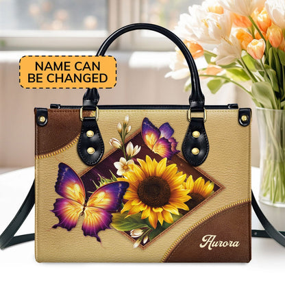 Personalized Christian Leather Bag, Pretty Personalized Sunflower And Butterfly Leather Handbag, Faith Handbag
