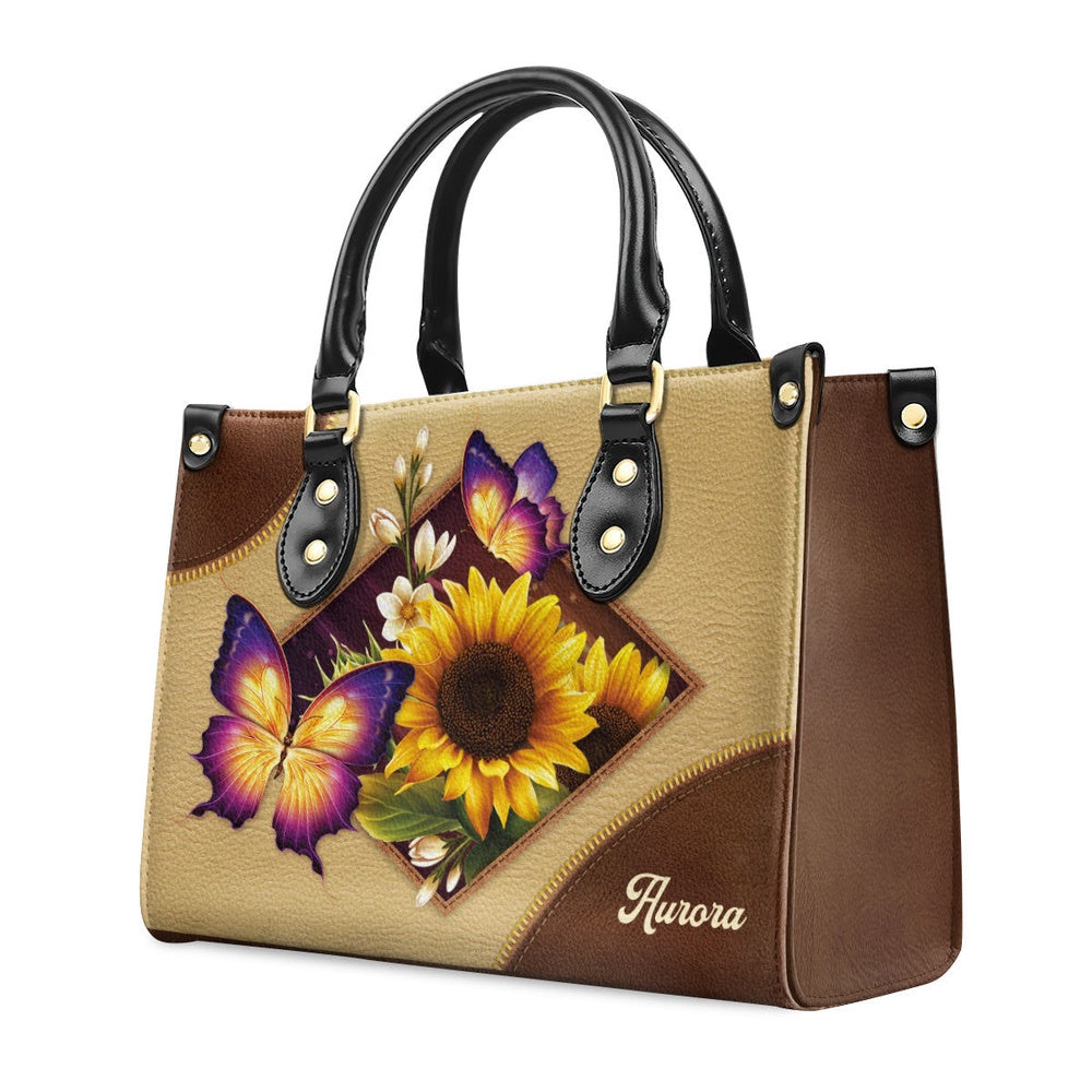 Personalized Christian Leather Bag, Pretty Personalized Sunflower And Butterfly Leather Handbag, Faith Handbag