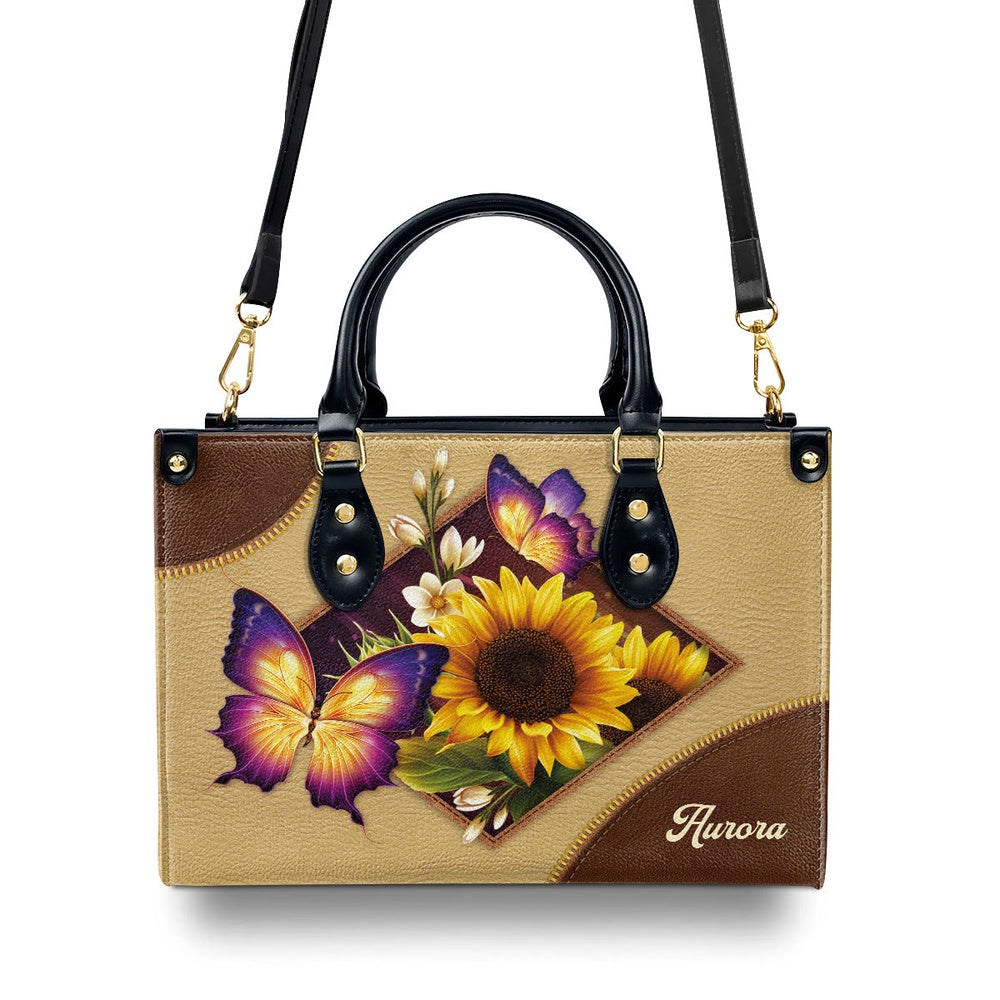 Personalized Christian Leather Bag, Pretty Personalized Sunflower And Butterfly Leather Handbag, Faith Handbag