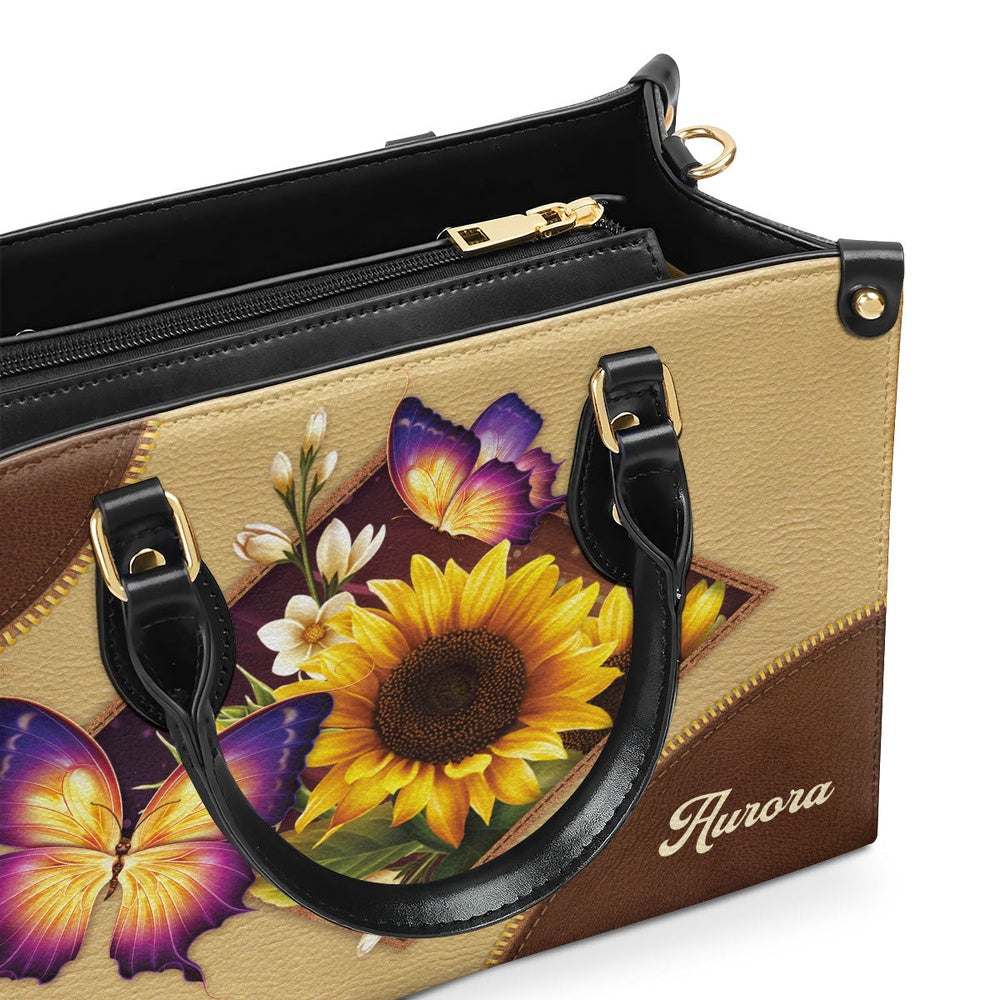 Personalized Christian Leather Bag, Pretty Personalized Sunflower And Butterfly Leather Handbag, Faith Handbag