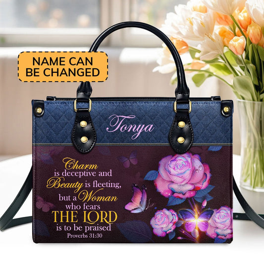 Personalized Christian Leather Bag, Proverbs 3130 Leather Handbag, Scripture Meaningful Gifts For Christian Women, Faith Handbag
