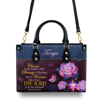 Personalized Christian Leather Bag, Proverbs 3130 Leather Handbag, Scripture Meaningful Gifts For Christian Women, Faith Handbag
