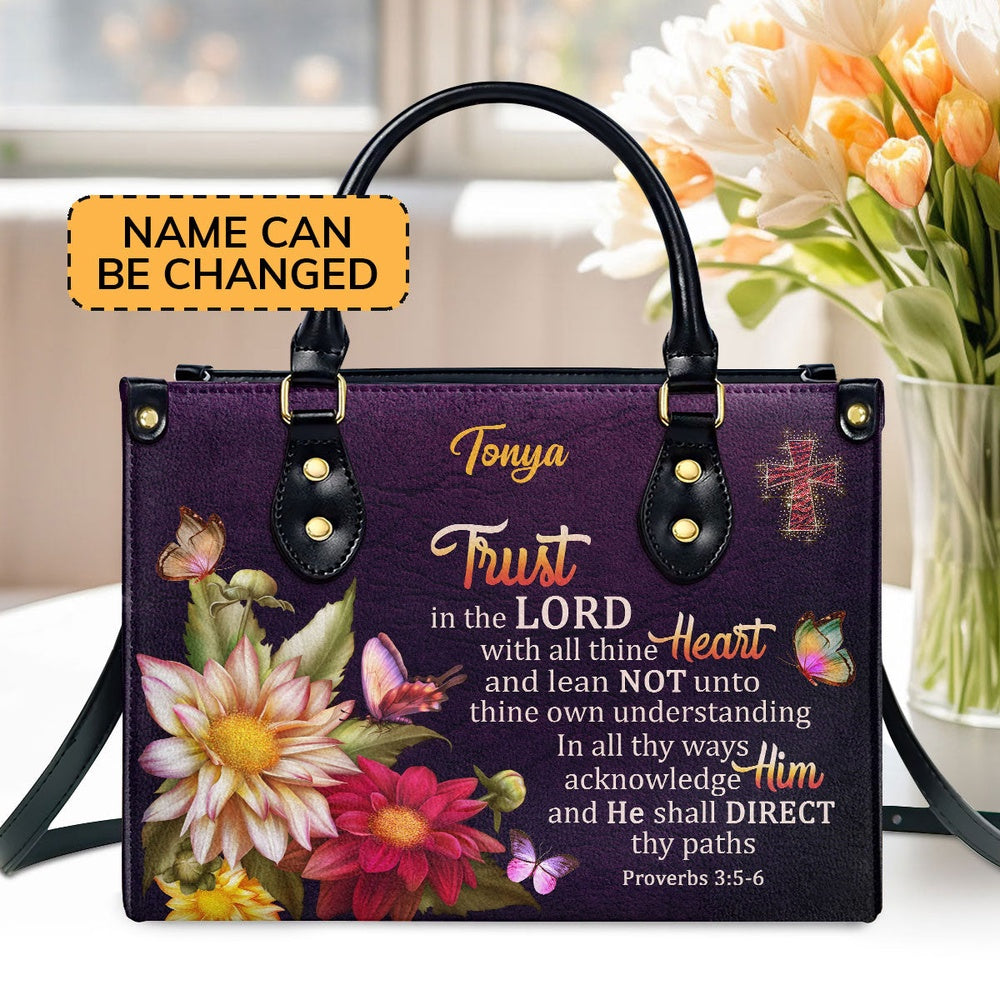 Personalized Christian Leather Bag, Proverbs 35-6 Trust In The Lord With All Thine Heart Flower And Cross Leather Handbag, Faith Handbag