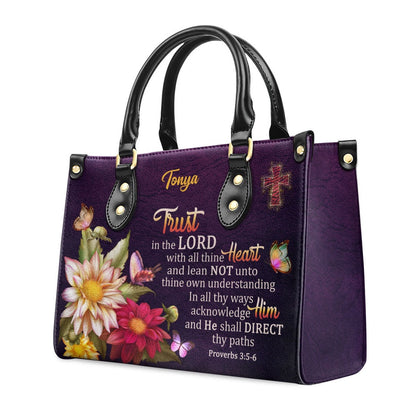 Personalized Christian Leather Bag, Proverbs 35-6 Trust In The Lord With All Thine Heart Flower And Cross Leather Handbag, Faith Handbag
