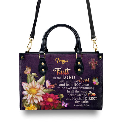 Personalized Christian Leather Bag, Proverbs 35-6 Trust In The Lord With All Thine Heart Flower And Cross Leather Handbag, Faith Handbag
