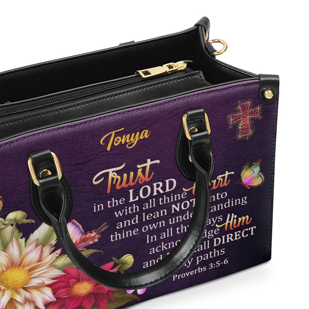 Personalized Christian Leather Bag, Proverbs 35-6 Trust In The Lord With All Thine Heart Flower And Cross Leather Handbag, Faith Handbag