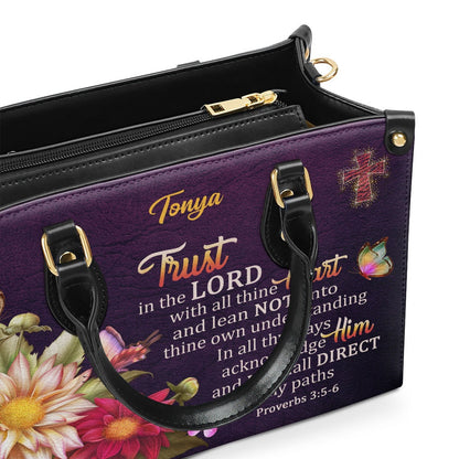 Personalized Christian Leather Bag, Proverbs 35-6 Trust In The Lord With All Thine Heart Flower And Cross Leather Handbag, Faith Handbag