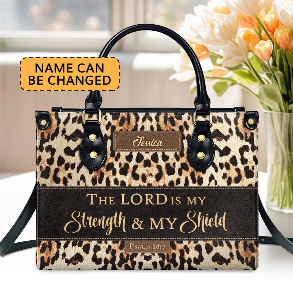 Personalized Christian Leather Bag, Psalm 287 The Lord Is My Strength And My Shield Leather Handbag, Worship Gift For Women's Ministry, Faith Handbag