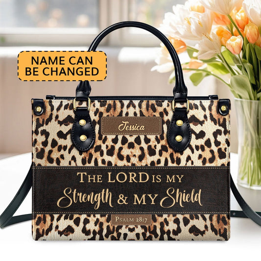 Personalized Christian Leather Bag, Psalm 287 The Lord Is My Strength And My Shield Leather Handbag, Worship Gift For Women's Ministry, Faith Handbag