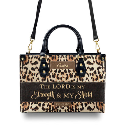Personalized Christian Leather Bag, Psalm 287 The Lord Is My Strength And My Shield Leather Handbag, Worship Gift For Women's Ministry, Faith Handbag