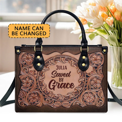Personalized Christian Leather Bag, Saved By Grace Leather Handbag, Faith Handbag