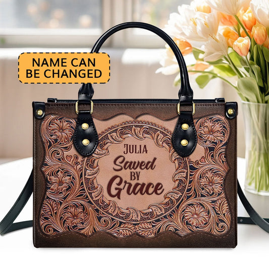 Personalized Christian Leather Bag, Saved By Grace Leather Handbag, Faith Handbag