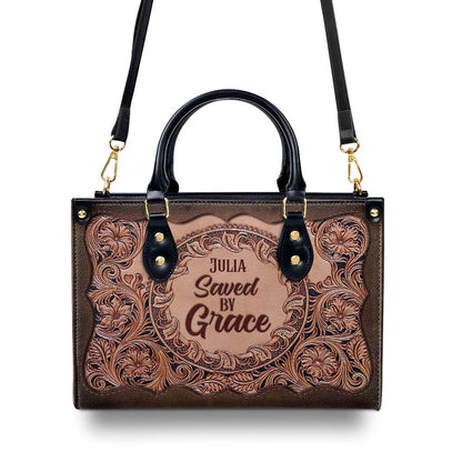 Personalized Christian Leather Bag, Saved By Grace Leather Handbag, Faith Handbag