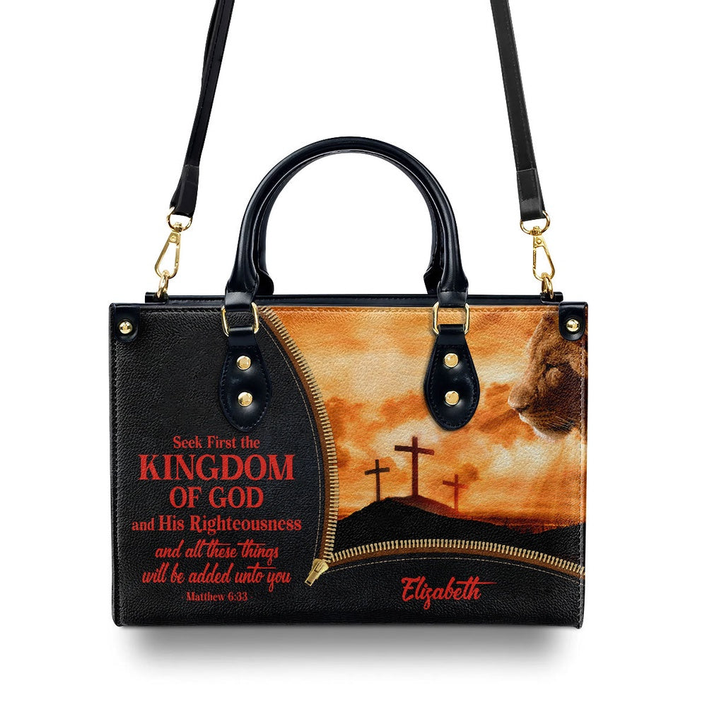 Personalized Christian Leather Bag, Seek First The Kingdom Of God And His Righteousness Leather Handbag, Faith Handbag