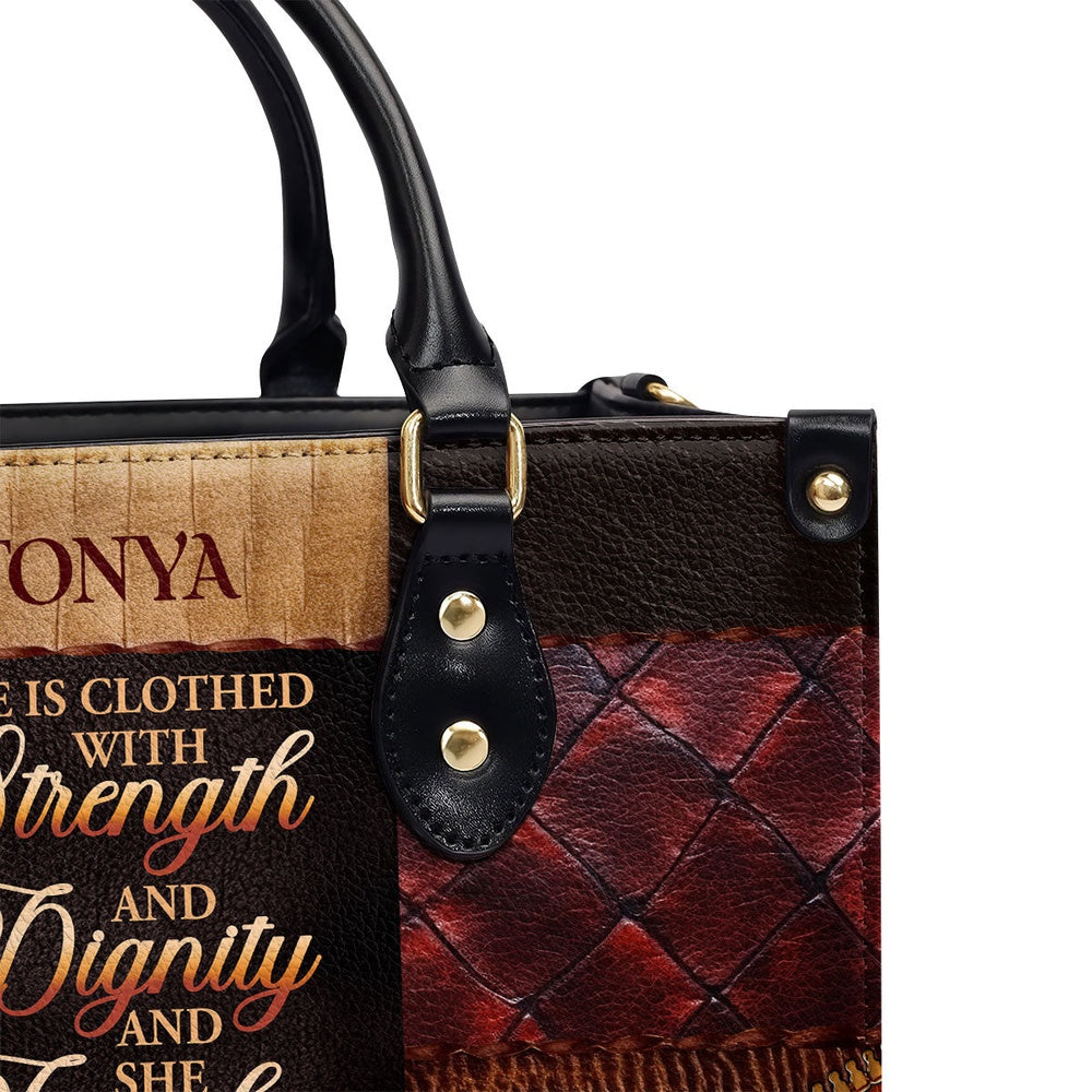 Personalized Christian Leather Bag, She Is Clothed With Strength And Dignity And She Laughs Without Fear Of The Future Leather Handbag, Faith Handbag