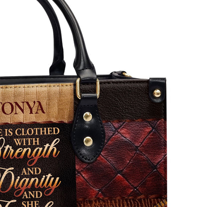 Personalized Christian Leather Bag, She Is Clothed With Strength And Dignity And She Laughs Without Fear Of The Future Leather Handbag, Faith Handbag