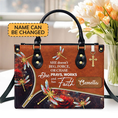 Personalized Christian Leather Bag, She Prays, Works, And Has Faith - Pretty Personalized Dragonfly Leather Handbag, Faith Handbag