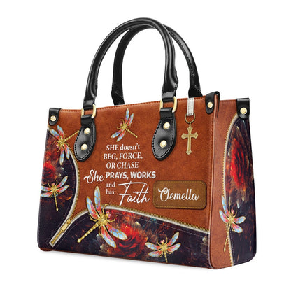 Personalized Christian Leather Bag, She Prays, Works, And Has Faith - Pretty Personalized Dragonfly Leather Handbag, Faith Handbag