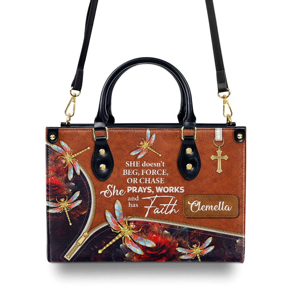 Personalized Christian Leather Bag, She Prays, Works, And Has Faith - Pretty Personalized Dragonfly Leather Handbag, Faith Handbag