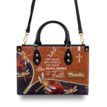 Personalized Christian Leather Bag, She Prays, Works, And Has Faith - Pretty Personalized Dragonfly Leather Handbag, Faith Handbag