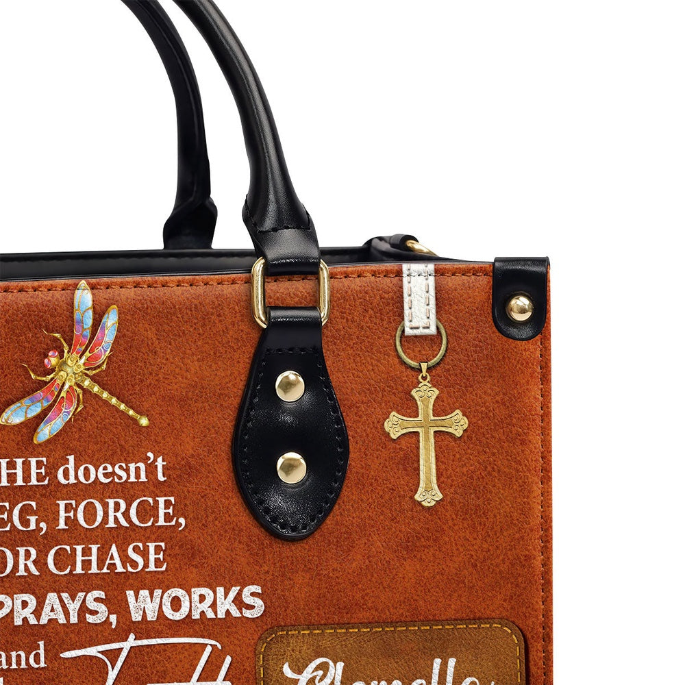 Personalized Christian Leather Bag, She Prays, Works, And Has Faith - Pretty Personalized Dragonfly Leather Handbag, Faith Handbag