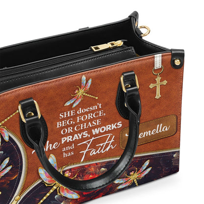 Personalized Christian Leather Bag, She Prays, Works, And Has Faith - Pretty Personalized Dragonfly Leather Handbag, Faith Handbag