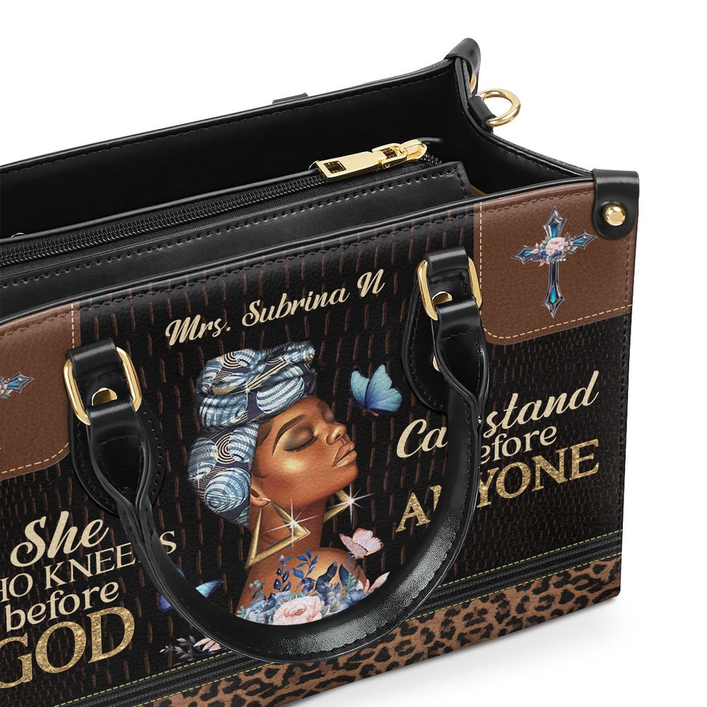 Personalized Christian Leather Bag, She Who Kneels Before God Can Stand Before Anyone Leather Handbag, Faith Handbag