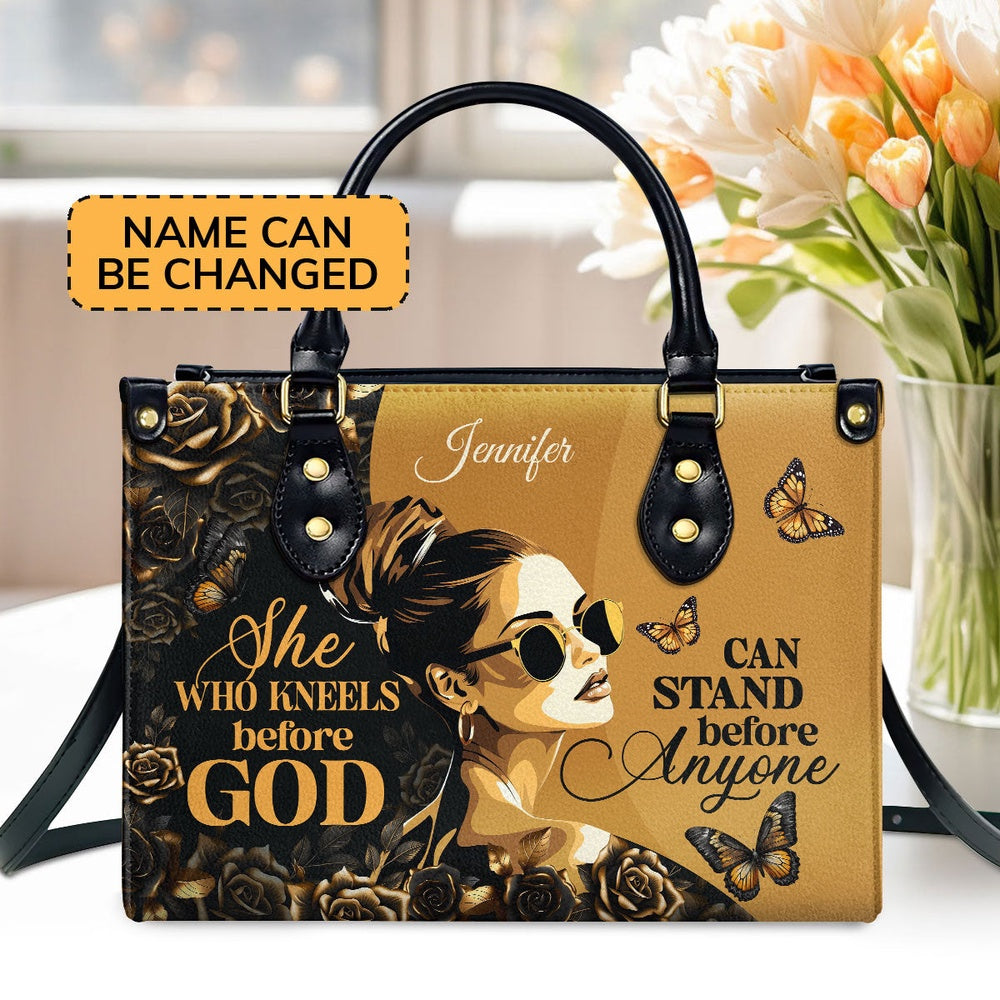 Personalized Christian Leather Bag, She Who Kneels Before God Leather Handbag, Faith Handbag