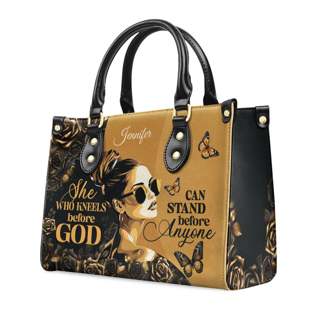Personalized Christian Leather Bag, She Who Kneels Before God Leather Handbag, Faith Handbag
