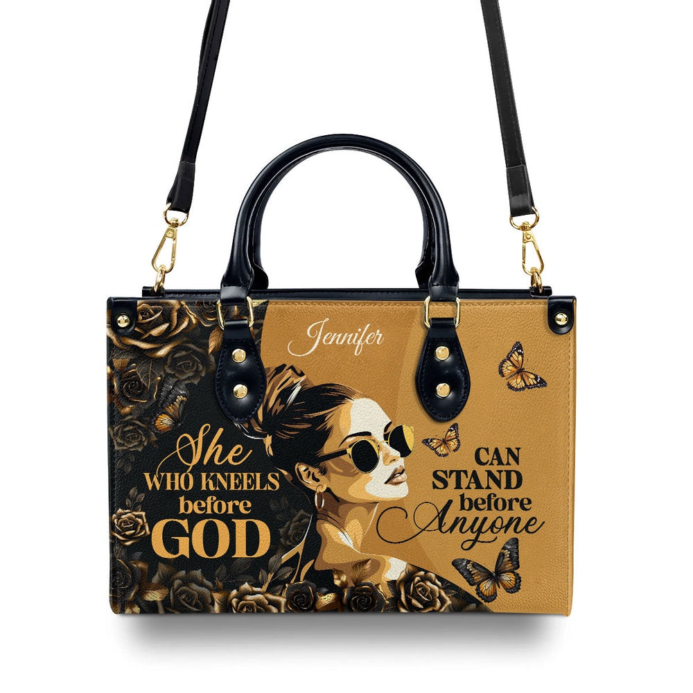 Personalized Christian Leather Bag, She Who Kneels Before God Leather Handbag, Faith Handbag