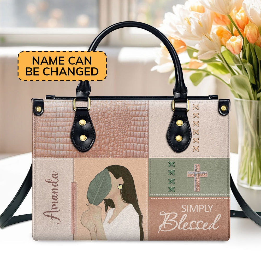 Personalized Christian Leather Bag, Simply Blessed - Adorable Personalized Christian Leather Handbag, Faith Handbag