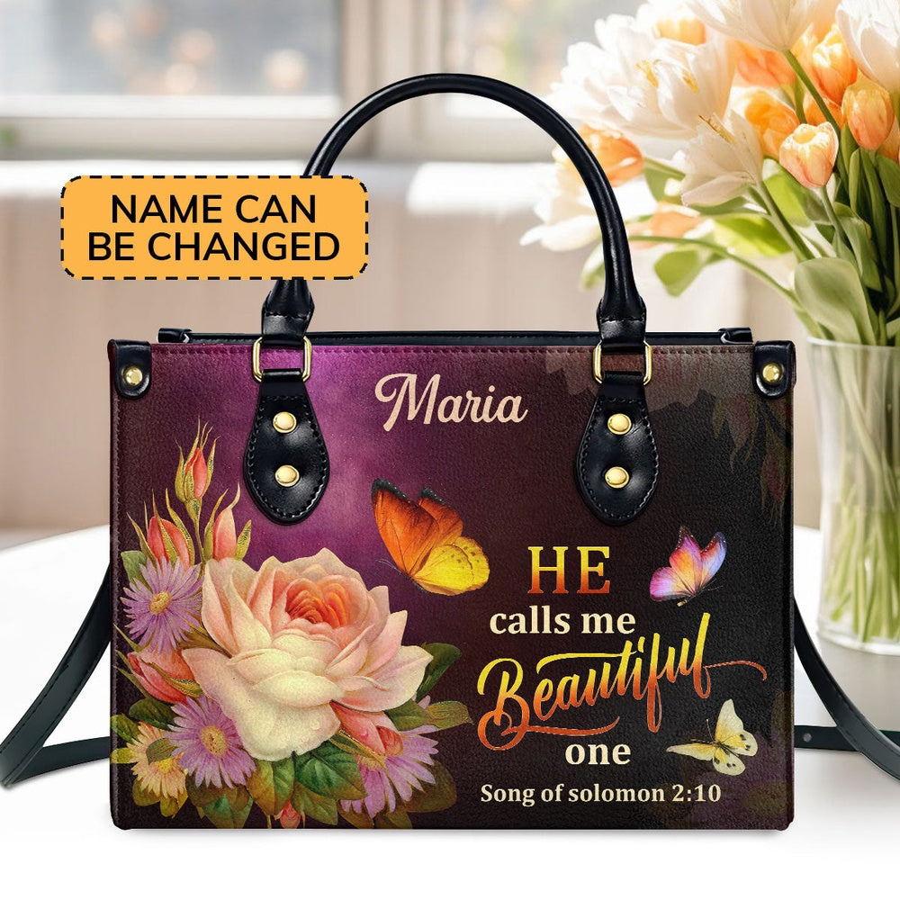 Personalized Christian Leather Bag, Solomon 210 Flower And Butterfly He Calls Me Beautiful One Leather Handbag, Faith Handbag