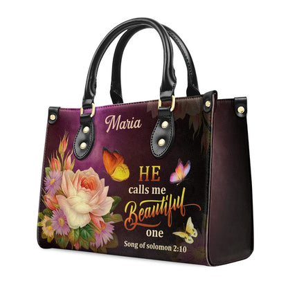 Personalized Christian Leather Bag, Solomon 210 Flower And Butterfly He Calls Me Beautiful One Leather Handbag, Faith Handbag
