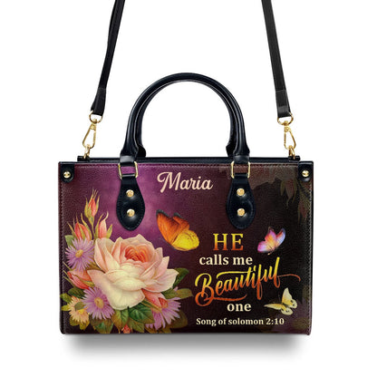 Personalized Christian Leather Bag, Solomon 210 Flower And Butterfly He Calls Me Beautiful One Leather Handbag, Faith Handbag